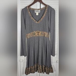 Anthropologie Nick & Mo Long Sleeve Gray Floral Patterned Ruffle Dress Sz M